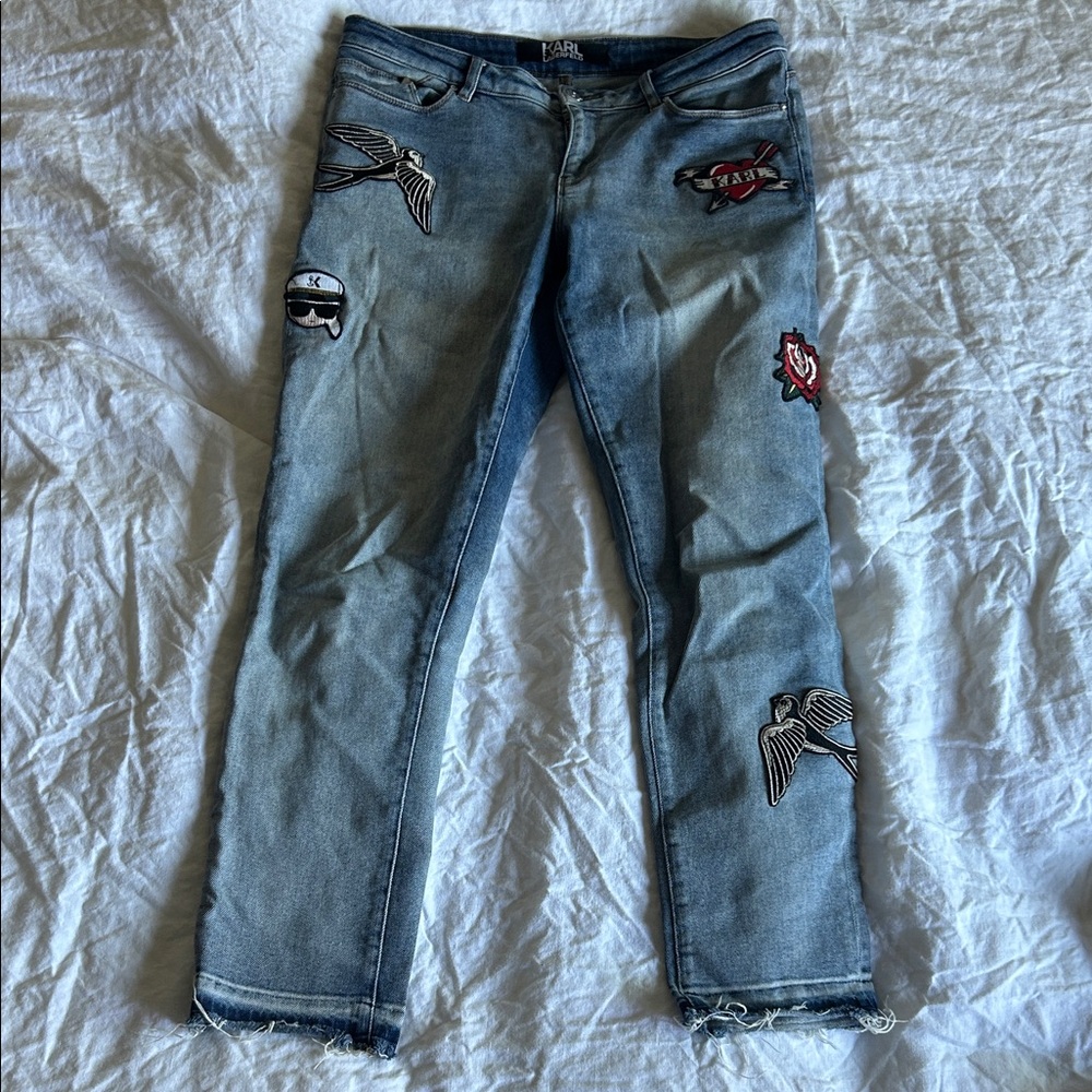 Karl Lagerfeld Light Blue Skinny Jeans with Embroidered Patches